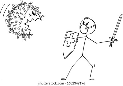 Vector cartoon stick figure drawing conceptual illustration medical staff  doctor medic nurse wearing face mask fighting and sword   shield and coronavirus covid  19 monster 
