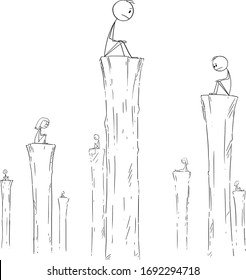 Vector cartoon stick figure drawing conceptual illustration of people sitting alone on high columns. Concept of loneliness, solitude or solitariness.