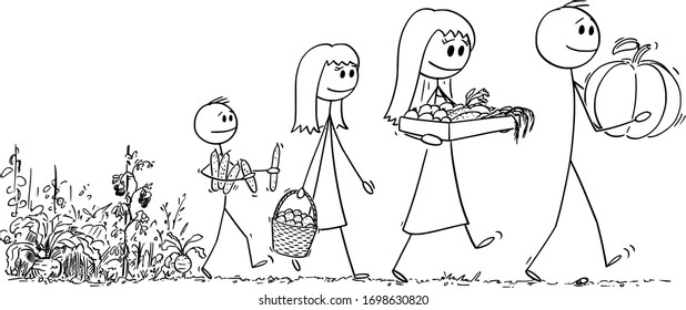 Vector cartoon stick figure drawing conceptual illustration of happy smiling family of father,mother, son and daughter carrying harvest from vegetable farm or garden.