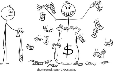 Vector cartoon stick figure drawing conceptual illustration of man,politician or businessman throwing away money from bag and competitor is holding empty bag.