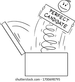 Vector cartoon stick figure drawing conceptual illustration of man or businessman jumping on the spring out of the box with perfect job candidate sign.