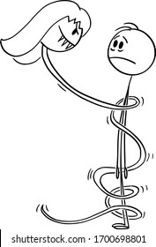 Dibujo de ilustraciones conceptuales del hombre en peligro de ser víctima de una serpiente retorcida a su alrededor.