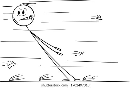 Vector Cartoon Stick Figure Drawing Conceptual Illustration Of Man Facing Strong Wind Blows.