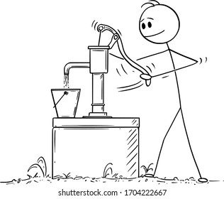 Vector cartoon stick figure drawing conceptual illustration of man or farmer pumping or drawing water from well .