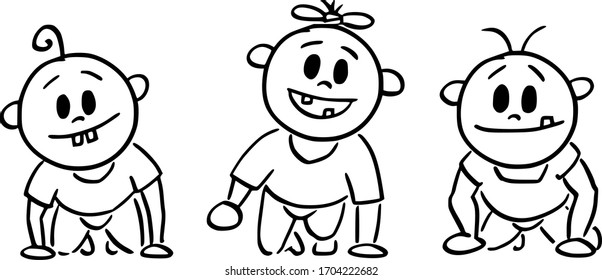 Vector cartoon stick figure drawing conceptual illustration of three cute smiling baby toddlers or babies facing viewer.