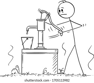 Vector cartoon stick figure drawing conceptual illustration of depressed man or farmer trying to pump or draw water From Empty Dry Well