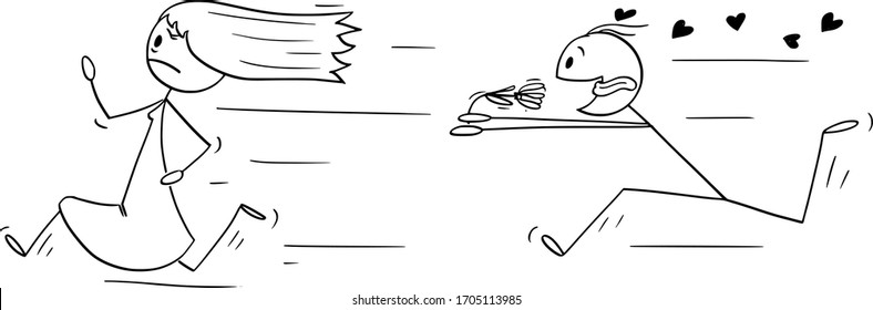 Vector cartoon stick figure drawing conceptual illustration of running woman or girl and amorous man in love chasing hear with flower. Concept of Valentine, date or relationship.