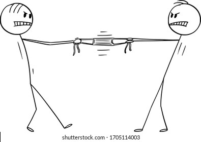 Vector cartoon stick figure drawing conceptual illustration of two men fighting for surgical face mask, lack of protective masks on market during coronavirus COVID-19 epidemic.