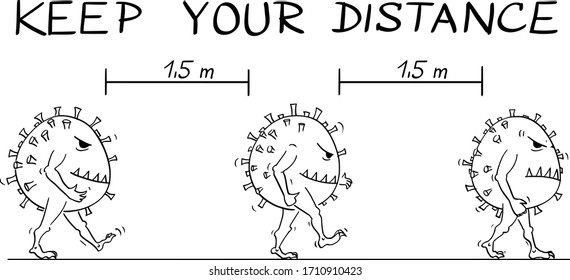 Vector cartoon stick figure drawing instructional illustrationof coronaviruses walking on street during coronavirus COVID-19 epidemic. Keep your distance text.