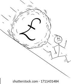 Vector Cartoon Stick Figure Drawing Conceptual Illustration Of Stressed Man Or Businessman Running Away From Boulder Rolling Down Hill. Financial Concept Of Falling Pound Sterling Or Gbp Currency.