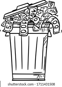 Vector cartoon stick figure drawing conceptual illustration of dustbin, garbage can or wheelie bin full of cash money bills thrown as waste.