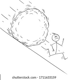 Vector cartoon stick figure drawing conceptual illustration of stressed man or businessman running away from boulder rolling down hill. Ready to add your text or image. Financial, social or political 