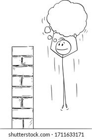 Vector cartoon stick figure drawing conceptual illustration of man or businessman overcoming obstacle flying on his creativity, innovations and ideas.