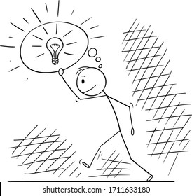 Vektorillustration Cartoon-Strichmännchen zeichnen konzeptionelle Illustration von Mann oder Geschäftsmann, der durch dunkle Zeiten geht und durch seine Innovationen und Ideen aufblitzt. Geschäftskonzept.