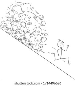 Vector cartoon stick figure drawing conceptual illustration of stressed man or businessman running away from boulder or avalanche rolling down hill.Financial, social or political concept.