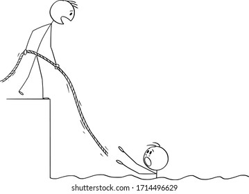 Vector cartoon stick figure drawing conceptual illustration of man drowning in water, another man is helping him by giving him rope. Concept of team work, insurance or social security.