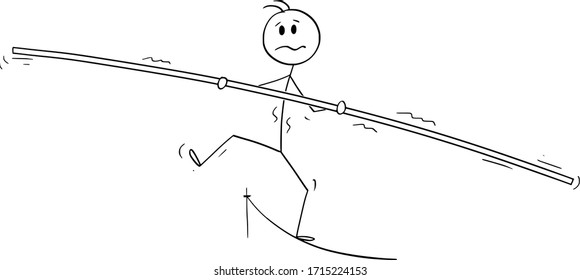 Vector cartoon stick figure drawing conceptual illustration of man, businessman, cirkus tightrope walker or ropewalker walking on rope with bar. Concept of risk and balance business.