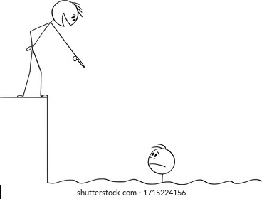Vektorillustration Cartoon-Strichmännchen Zeichnung konzeptuelle Illustration von Mann oder Geschäftsmann in Problem Schwimmen im Wasser, Wettbewerber lacht ihn aus der Küste, Land oder Bank.