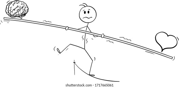 Vector cartoon stick figure drawing conceptual illustration of man or businessman tightrope walker walking on rope with bar. Balancing heart and brain.