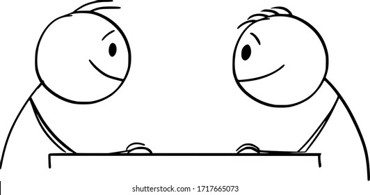 Vector cartoon stick figure drawing conceptual illustration of two smiling men or businessmen sitting at table and watching each other. Business cooperation or friendship concept.