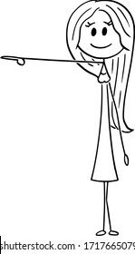 Vector cartoon stick figure drawing conceptual illustration of young attractive woman showing or pointing at something.