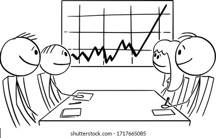 Vector cartoon stick figure drawing conceptual illustration of happy business people on meeting showing growing financial or profit graph. Economic growth concept.