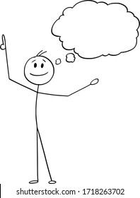 Vector cartoon stick figure drawing conceptual illustration of happy smiling man or businessman who just got an idea. Empty speech bubble or balloon for your text,