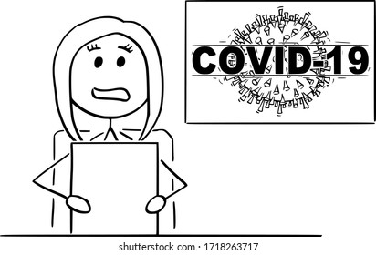 Dibujo de dibujo ilustrativo de una presentadora o lector de noticias en un estudio de televisión que habla de la epidemia de coronavirus COVID-19.
