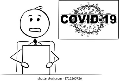 Dibujo de ilustraciones de vectores de caricatura ilustrando la ilustración conceptual del presentador de noticias o lector de noticias en el estudio de televisión hablando de la enfermedad epidémica del coronavirus COVID-19.