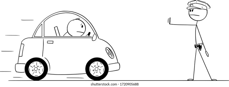 Vector cartoon stick figure drawing conceptual illustration of policeman or traffic police stops the car.