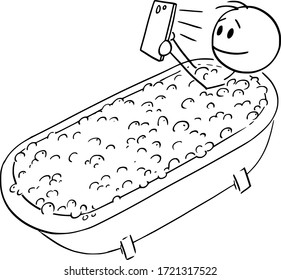 Vektorkarosserietasten, die konzeptuelle Illustration von suchterzeugenden Menschen mit Handy beim Baden im Bad zeichnen.
