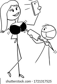 Vector cartoon stick figure drawing conceptual illustration of sexy woman taking selfie during breast augmentation. Concept of plastic surgery, celebrities and social networks.