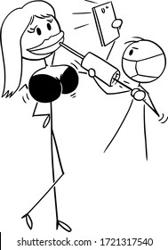 Dibujo de dibujo de dibujo de dibujo de dibujo de la ilustración conceptual de una mujer sexy tomando selfie durante el aumento de los labios botox. Concepto de cirugía plástica, belleza, celebridades y redes sociales.