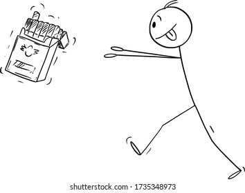 Vector cartoon stick figure drawing conceptual illustration of nicotine addicted man trying to get box of cigarettes.