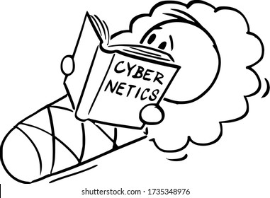 Vector cartoon stick figure drawing conceptual illustration of wrapped baby in wrap or swaddle blanket holding, reading or studying book about cybernetics.