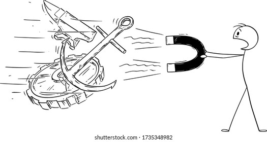 Vector cartoon stick figure drawing conceptual illustration of man holding big magnet attracting big dangerous pieces of old scrap metal like cog wheel,anvil and anchor.