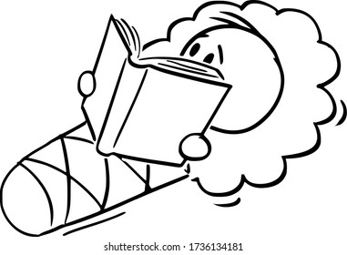 Vector cartoon stick figure drawing conceptual illustration of wrapped baby in wrap or swaddle blanket holding, reading or studying book.