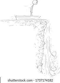 Vector Karikaturenstäbchen zeichnen konzeptuelle Illustration von Mann oder Geschäftsmann auf Ruderboot oder Ruderboot, das sich dem Wasserfall nähert. Konzept von Finanzkrise und Depression.