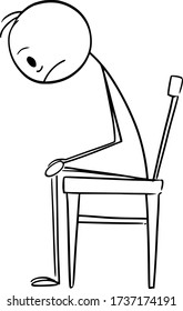 Vector cartoon stick figure drawing conceptual illustration of depressed or sad man in stress sitting on chair.