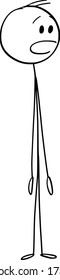 Vector cartoon stick figure drawing conceptual illustration of shocked or surprised man looking at something with mouth open.