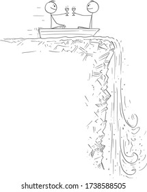 Vector cartoon stick figure drawing conceptual illustration of two men or businessmen on rowboat or rowing boat celebrating and approaching to waterfall. Concept of financial crisis and depression.