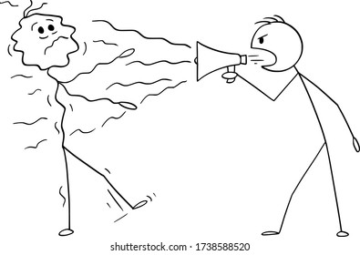 Vector cartoon stick figure drawing conceptual illustration of man, politician or businessman using loudspeaker or megaphone to shout on another man.