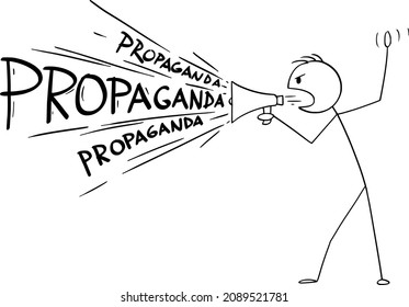 Vector cartoon stick figure drawing conceptual illustration of man or politician or media using loudspeaker or megaphone to spread propaganda.