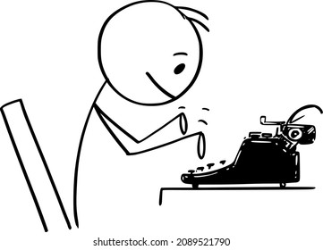 Vektorgrafik-Strichfigur konzeptuelle Illustration von Mann, Journalist, Autor oder Romanautor, die auf antike Schreibmaschinen tippt.