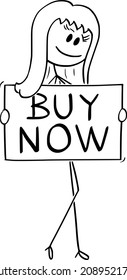Vector cartoon stick figure drawing conceptual illustration of beautiful sexy young woman in seductive pose holding buy now sign or button.