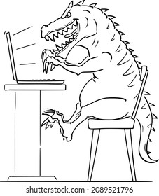 Vector Cartoon Stick Figure Drawing Conceptual Illustration Of T-Rex, Tyrannosaurus Rex, Monster Or Internet Predator On Computer Searching For His Prey. Concept Of Cyber Crime, Deception Or Stalking.