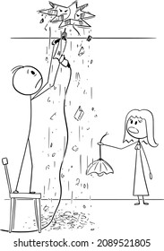 Vector cartoon stick figure drawing conceptual illustration of man installing chandelier or lamp at home and damaging roof or ceiling, creating hole.