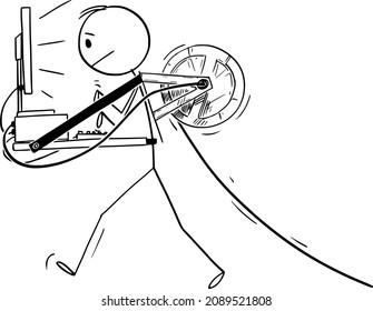 Vector cartoon stick figure drawing conceptual illustration of walking man or businessman carrying desktop computer attached to him as mobile office, pulling electric cable behind.