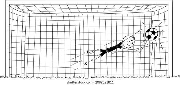 Vector cartoon stick figure drawing conceptual illustration of successful football or soccer goalkeeper or goalie jumping to catch a ball or penalty.