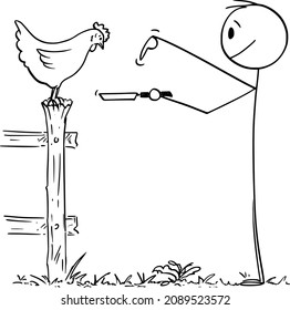 Vector cartoon stick figure drawing conceptual illustration of farmer or man holding pan and asking hen for egg for breakfast.